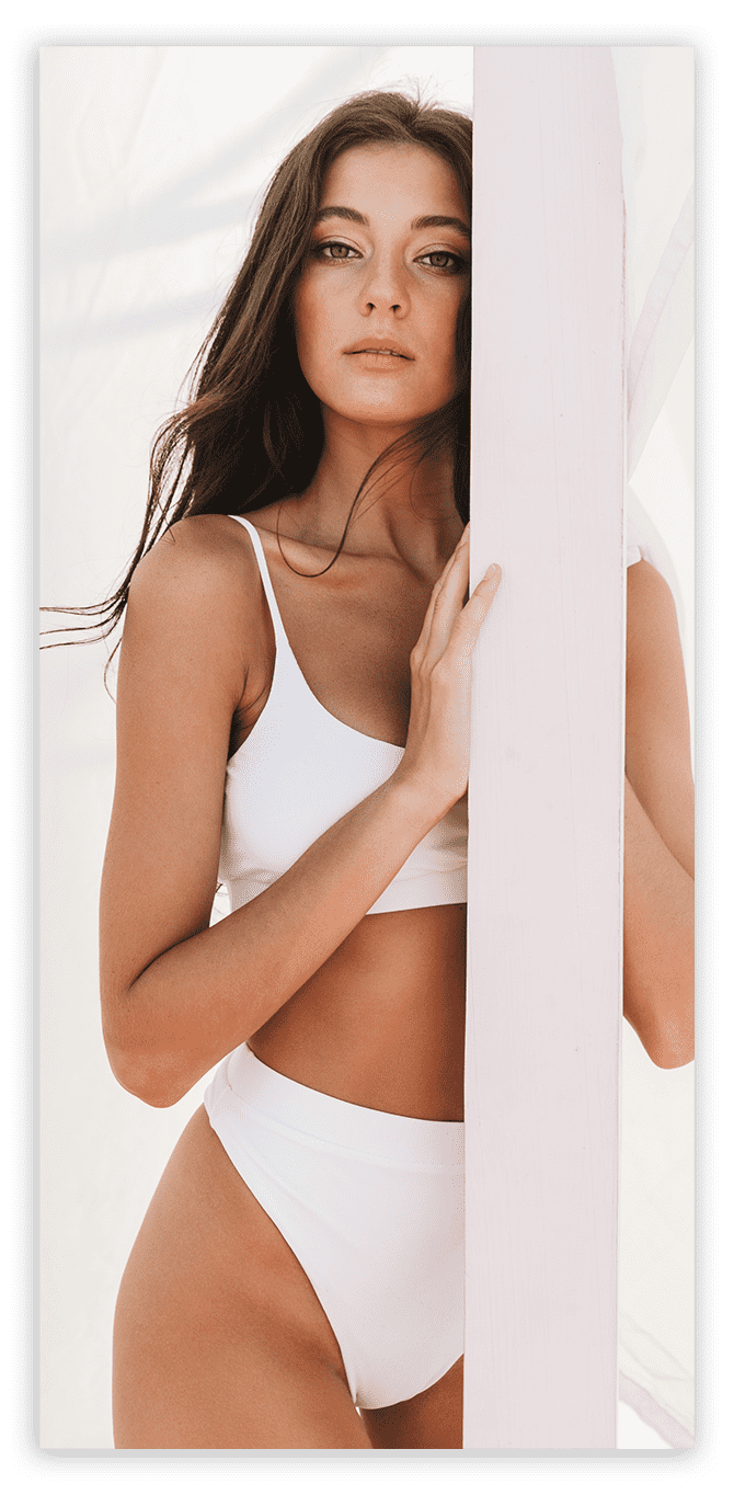 brunette model in white bikini