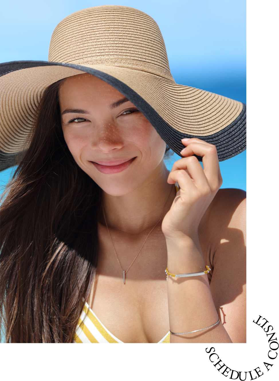 Asian woman with beach hat for face sun protection rhinoplasty
