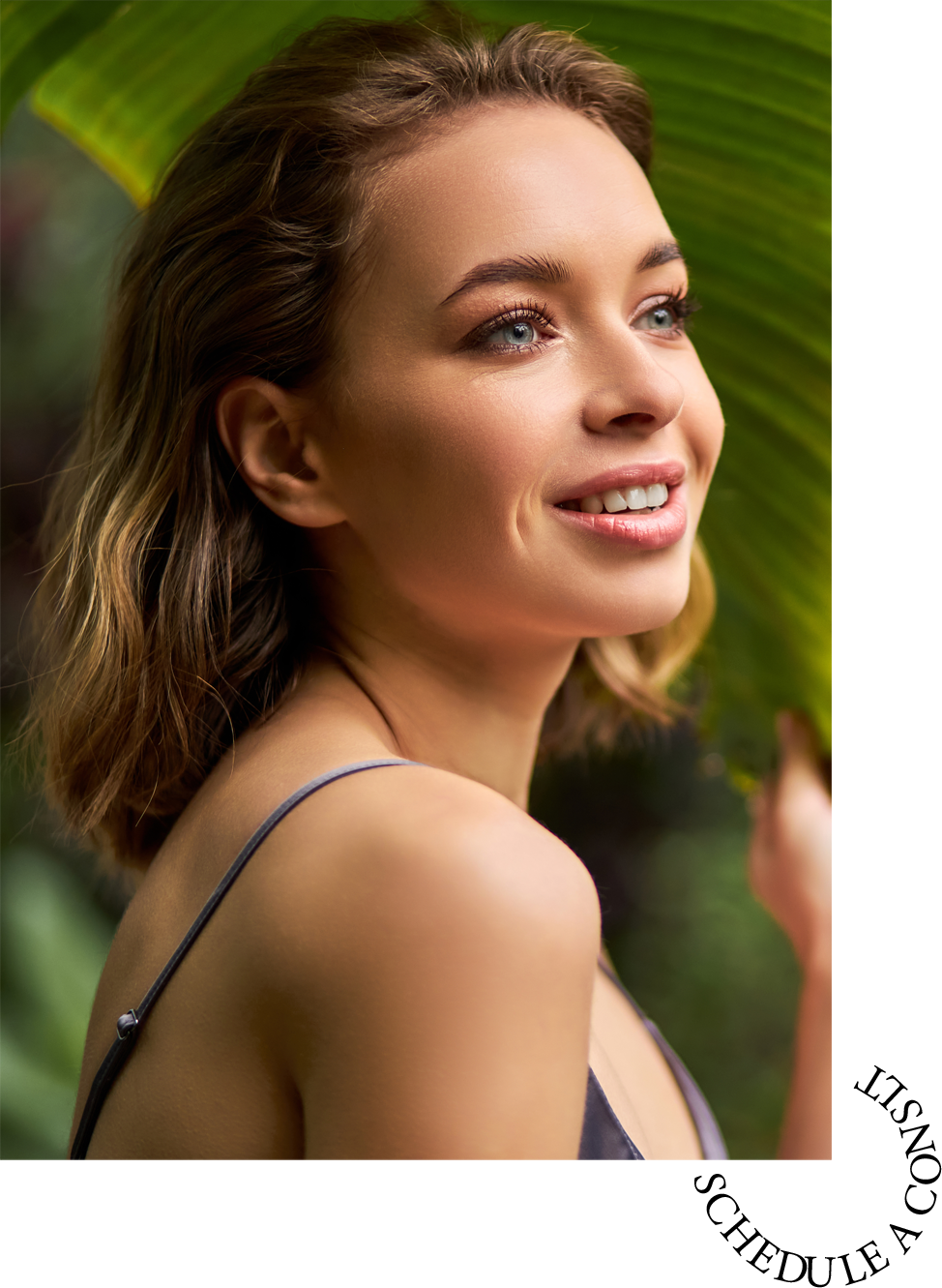 lady with natural nude makeup, perfect skin, hiding behind palm leaves, woman enjoys being in nature. cosmetic, wellness, purity, skincare, spa concept.